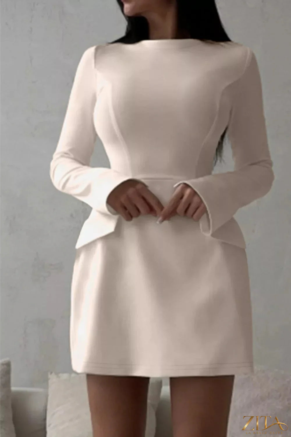 Long-sleeve mini dress with flap pockets by Trendsi, featuring a fitted silhouette and stylish pocket details.