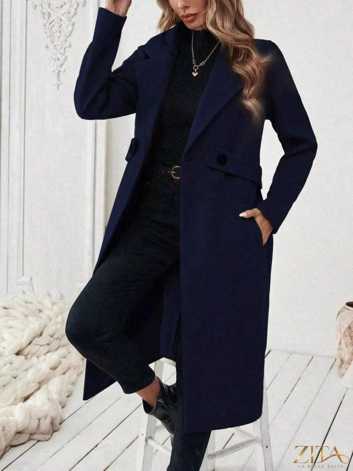 Zita La Belle Elite single-button longline coat in neutral fabric, displayed on a mannequin with a tailored fit and sleek design.