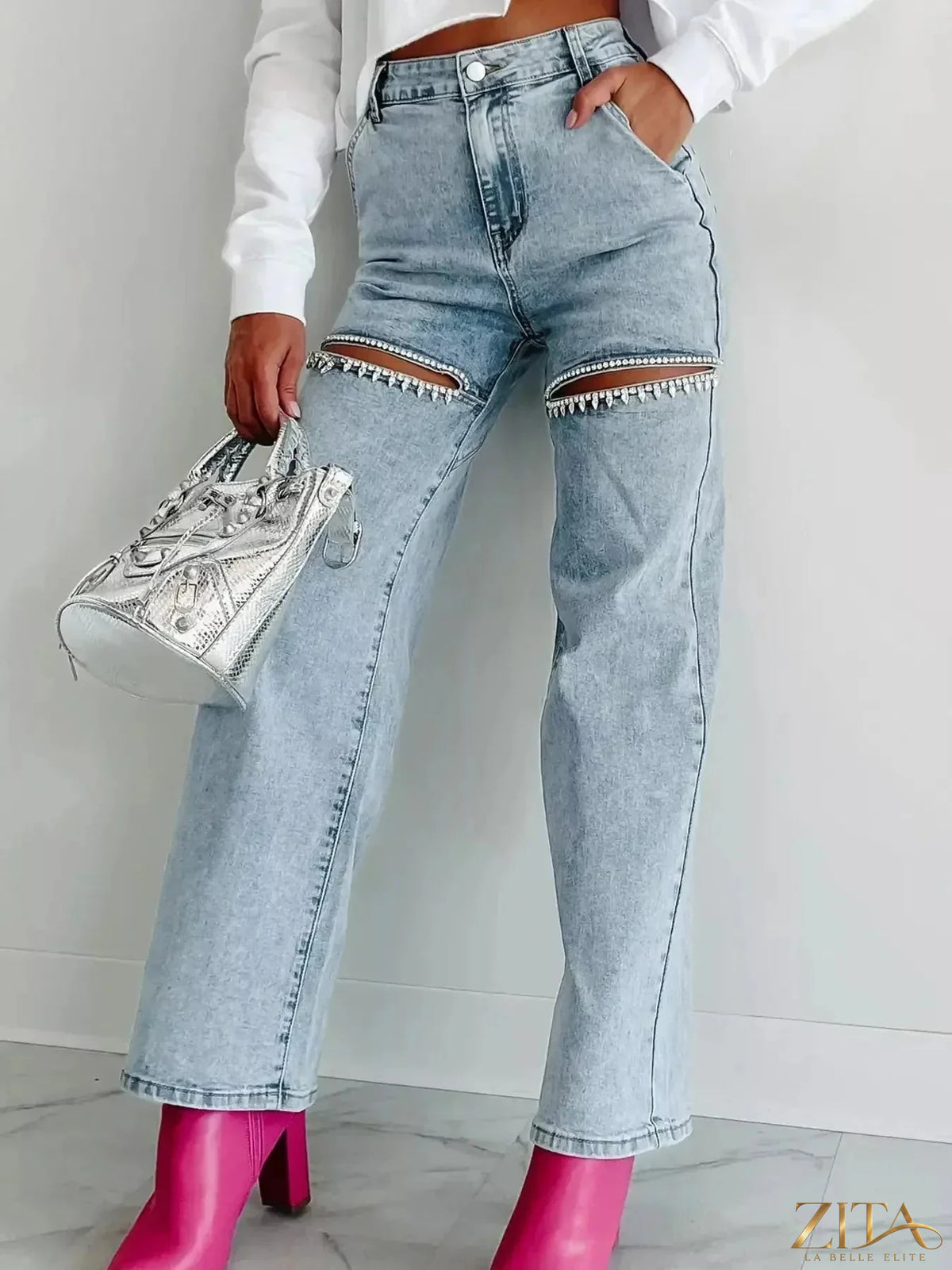 Zita La Belle Elite high waist wide leg jeans with cut-out details, showcasing a stylish denim silhouette in a natural pose.