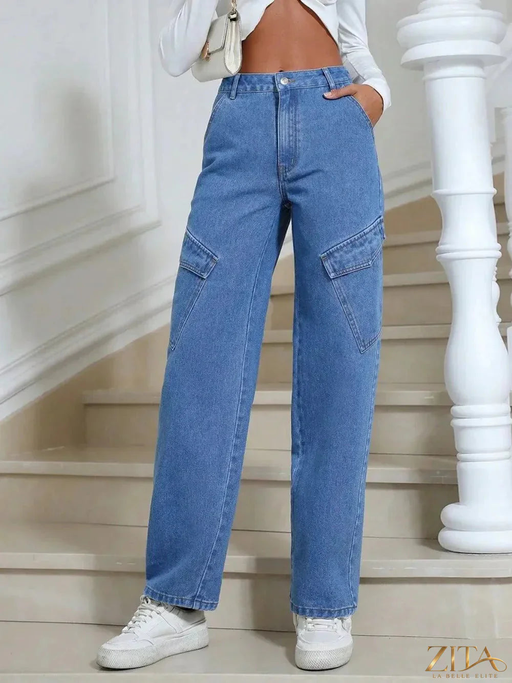 Zita La Belle Elite high waist straight leg jeans with front and back pockets, denim fabric, and classic blue wash.