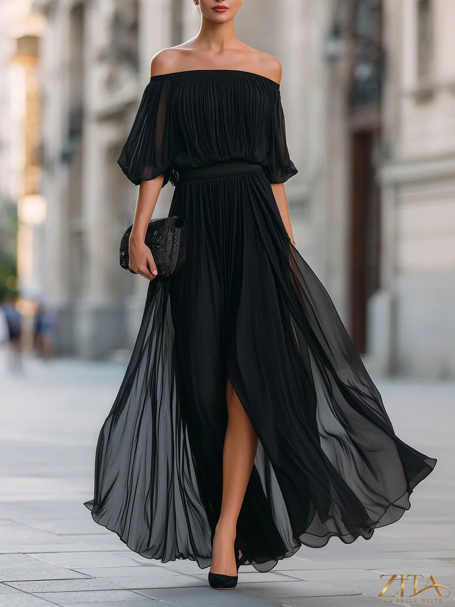 Elegant Zita La Belle Elite one-shoulder chiffon maxi dress with ruffle sleeve, flowing design perfect for formal occasions.