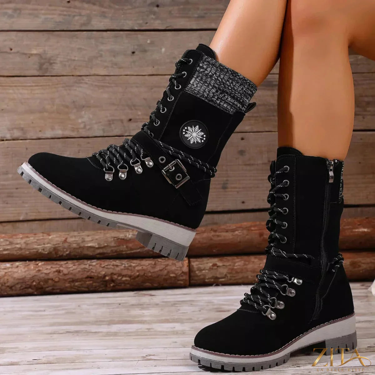 Black lace-up ankle combat boots by Trendsi featuring rugged soles, metal eyelets, and stylish lace-up design.