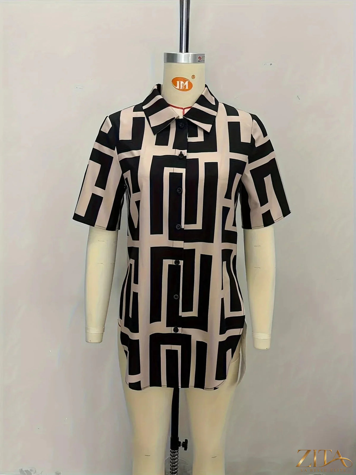Zita La Belle Elite geometric print button-down short sleeve shirt with colorful pattern, casual and stylish men's or women's apparel
