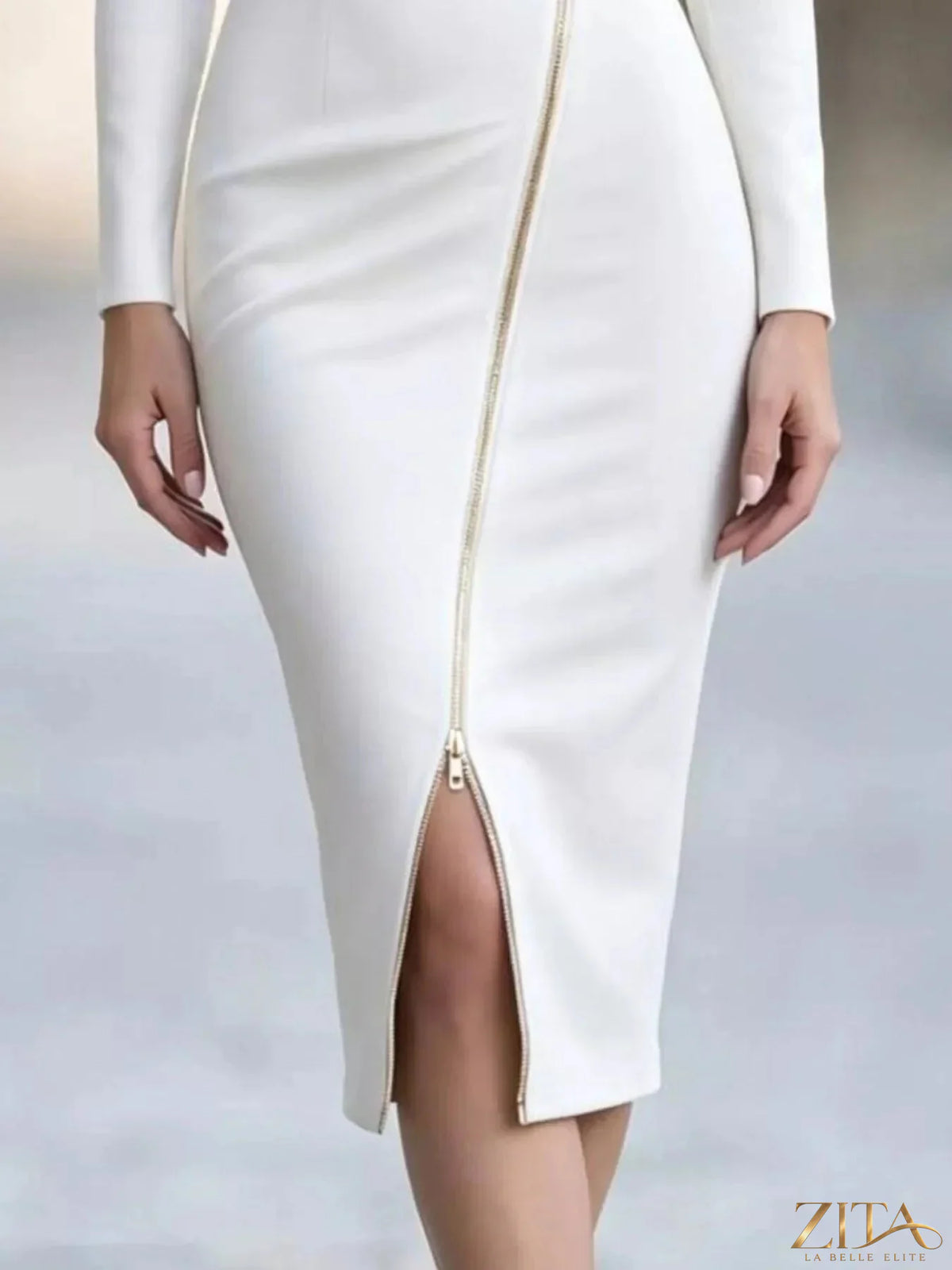 Elegant Zita La Belle Elite asymmetric zipper lapel bodycon midi dress displayed on a model, showcasing its sleek fit and unique design details.