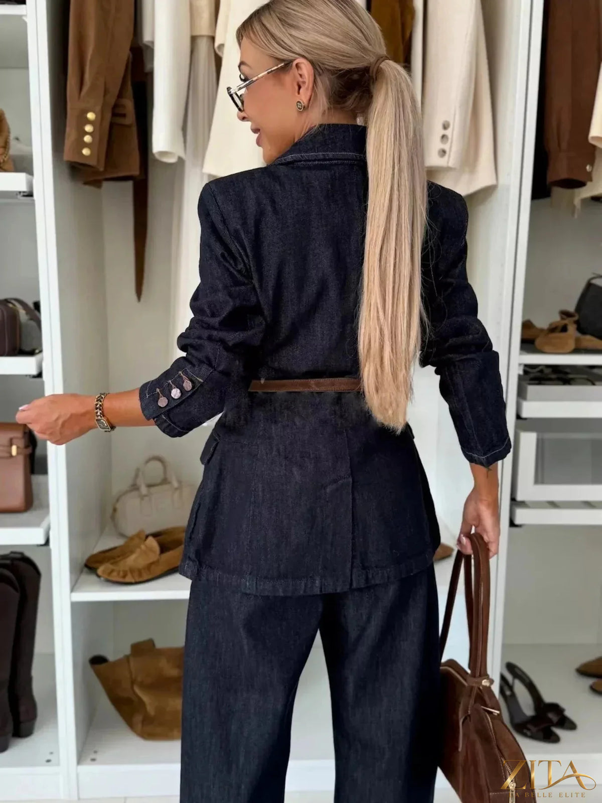 Zita La Belle Elite single-breasted blazer and denim jeans set, showing a stylish tailored blazer paired with classic blue jeans.