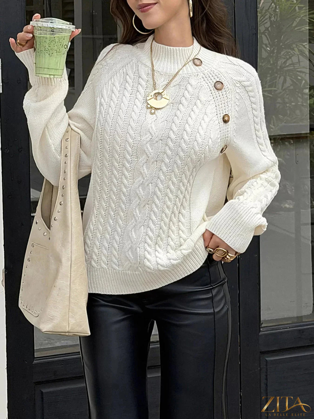 Zita La Belle Elite mock neck cable-knit sweater in cozy knit fabric, close-up view showing textured pattern and ribbed collar