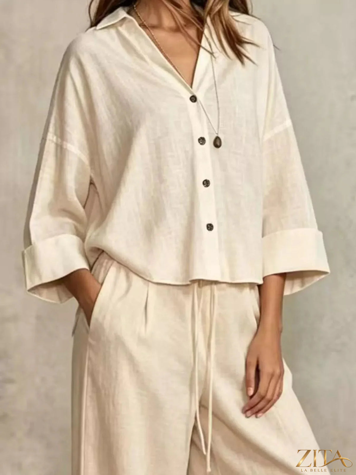 Plus size Zita La Belle Elite button-down shirt and wide-leg pants set, featuring a stylish, comfortable fit and modern design.