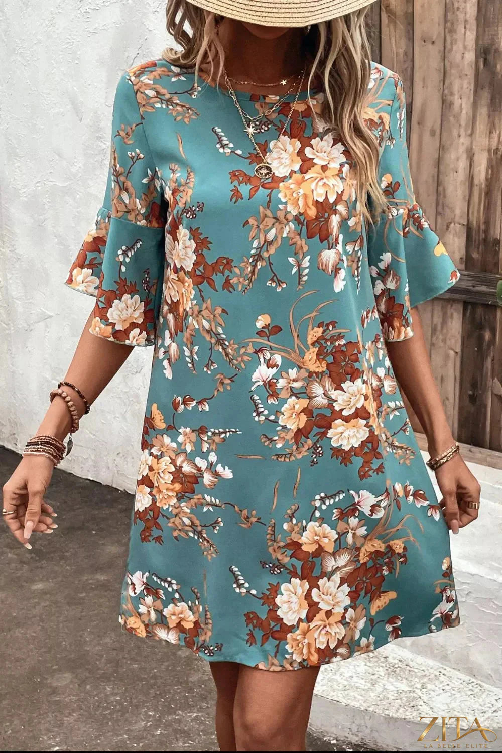 Zita La Belle Elite floral print casual dress with flounce sleeves, lightweight fabric, and a relaxed fit.