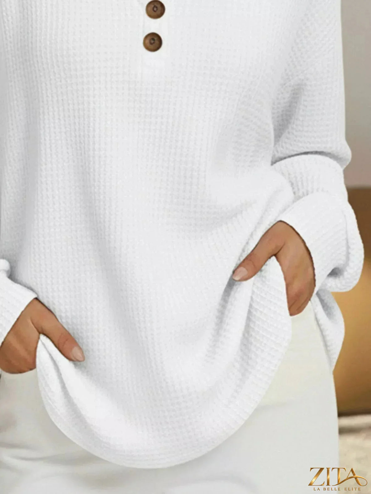 Full size casual waffle knit V-neck long sleeve T-shirt by Zita La Belle Elite in plus size, beige color, relaxed fit.