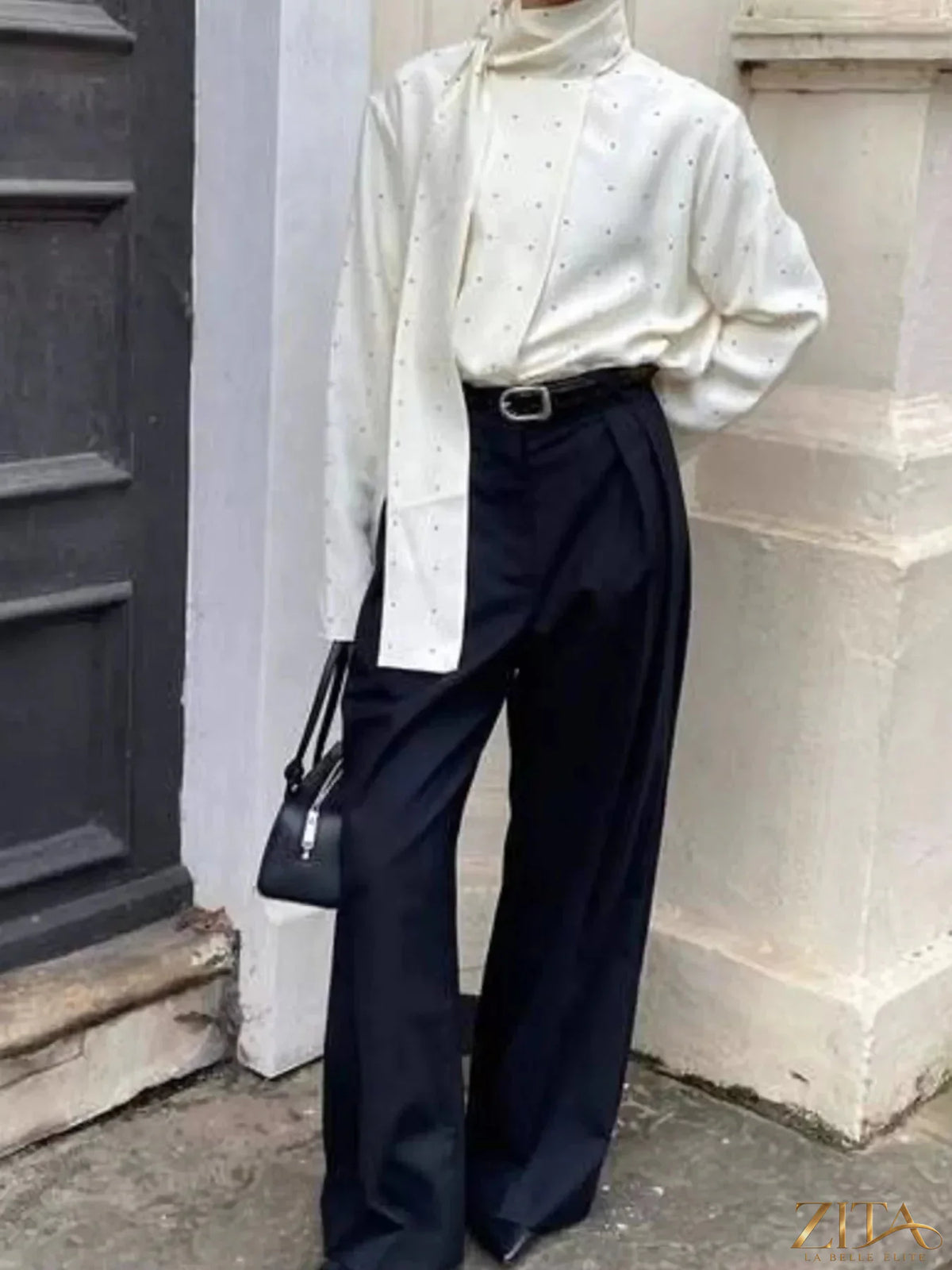 Zita La Belle Elite polka dot silk blouse with scarf neck tie, featuring long sleeves and a stylish, elegant design.