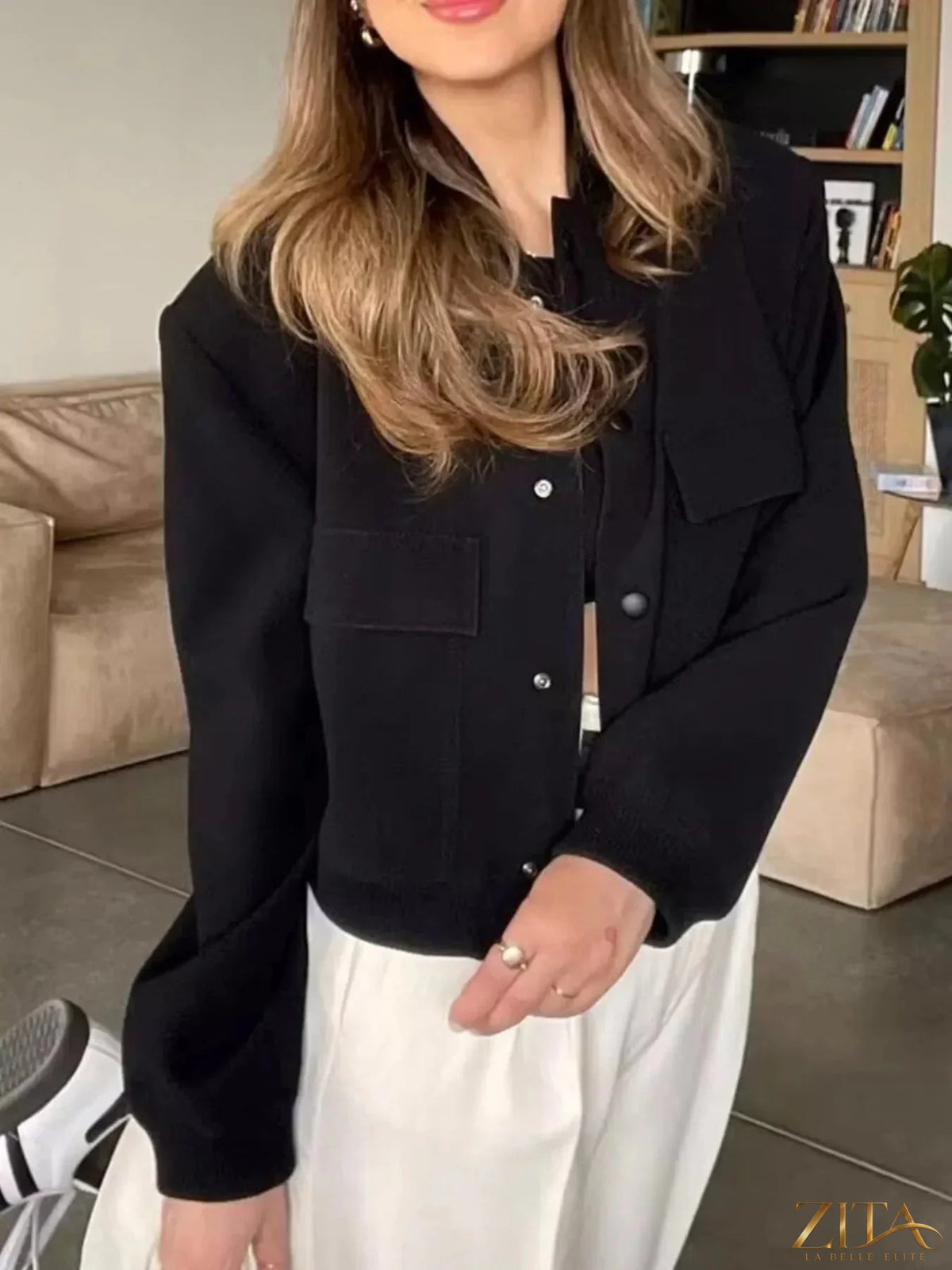 Zita La Belle Elite snap-down cropped bomber jacket in black with ribbed cuffs and waistband, stylish and lightweight.