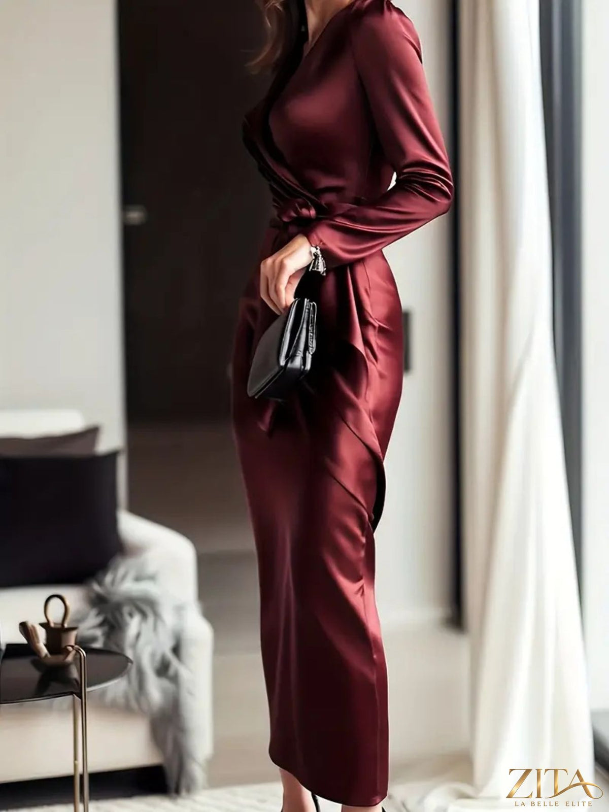 Satin tie waist long sleeve dress in a sleek design, featuring a smooth fabric and elegant silhouette.