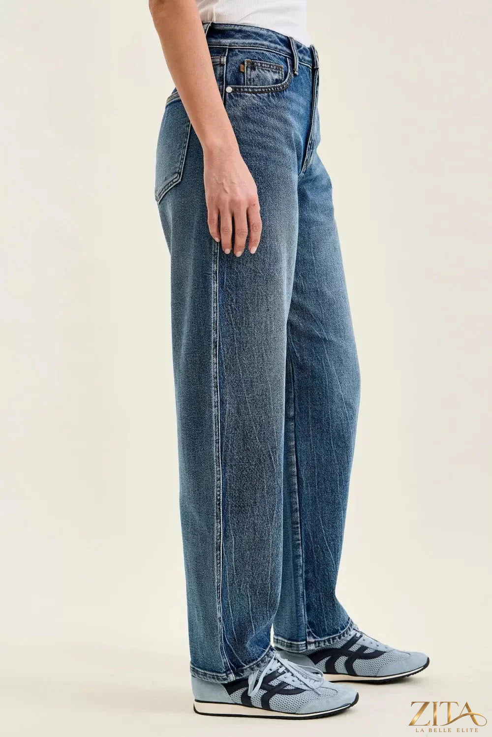 Zita La Belle Elite Judy Blue high waist Marlow arc dark time weathered indigo jeans, front view showing distressed details