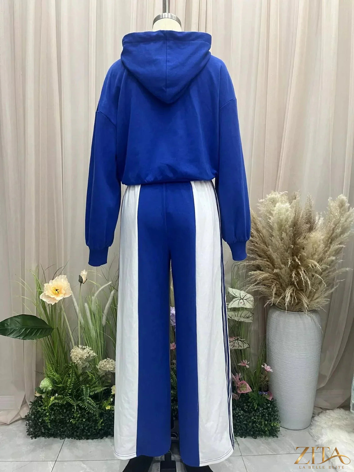Zita La Belle Elite drawstring hoodie and color-block wide-leg pants set, casual loungewear with comfortable fit and vibrant style.