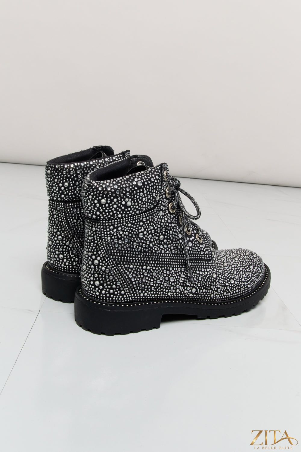 Zita La Belle Elite Forever Link rhinestone lace-up combat boots with decorative rhinestones and sturdy black leather soles.