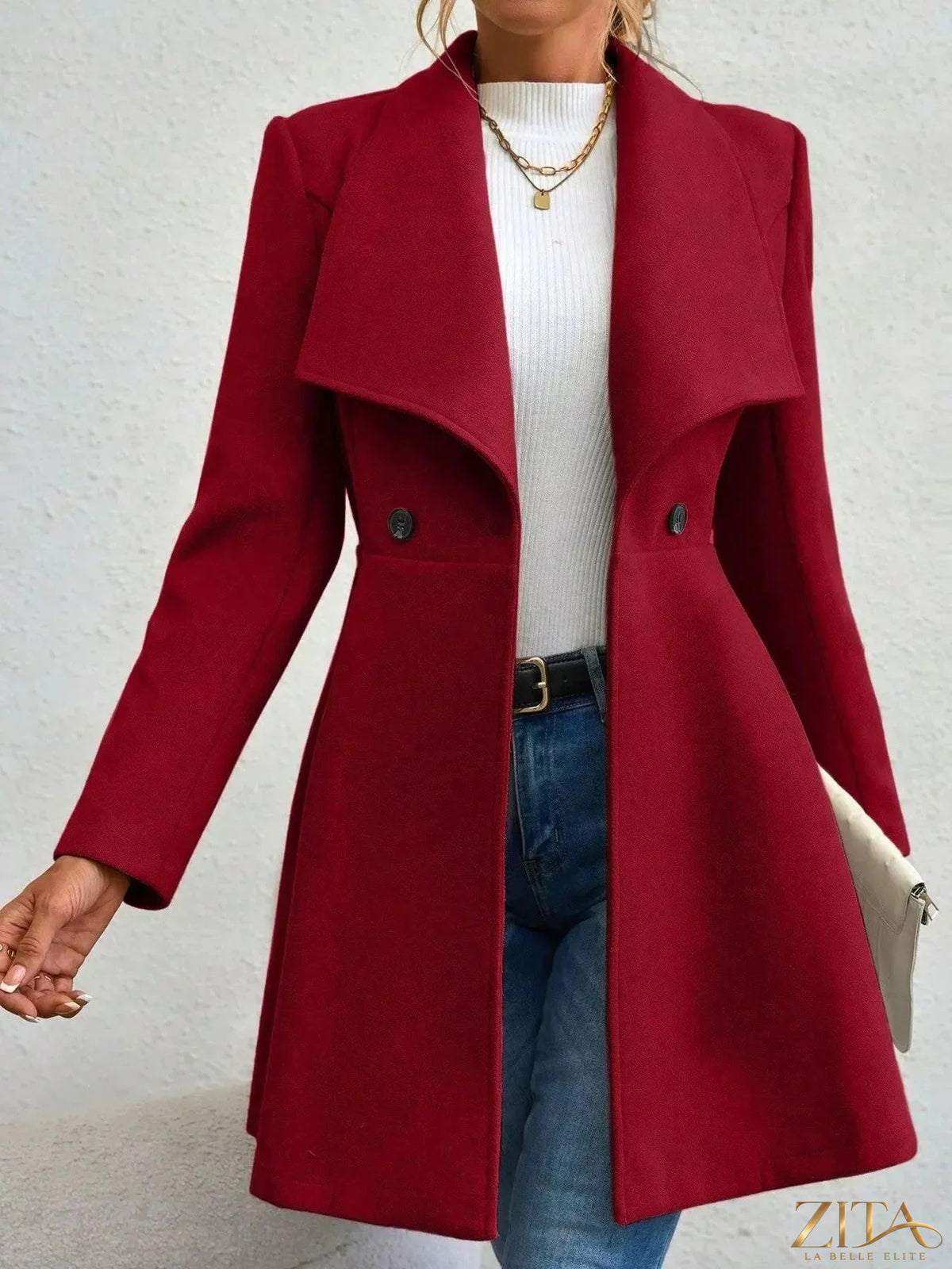 Zita La Belle Elite collared neck double-breasted coat with button details, featuring a tailored fit and classic design.