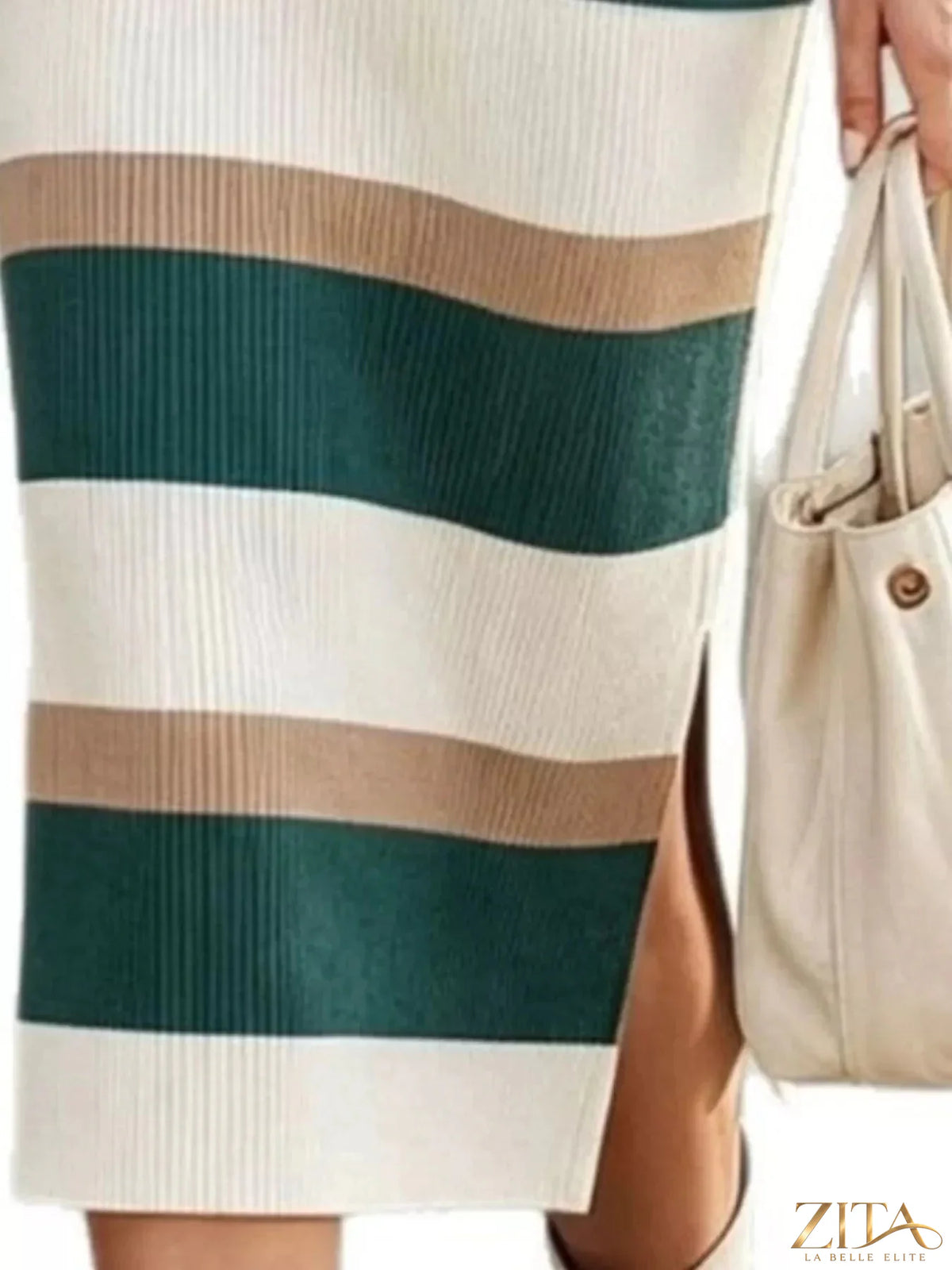 Zita La Belle Elite striped polo collar long sleeve sweater dress with ribbed cuffs and hem, featuring a classic design and knit texture.