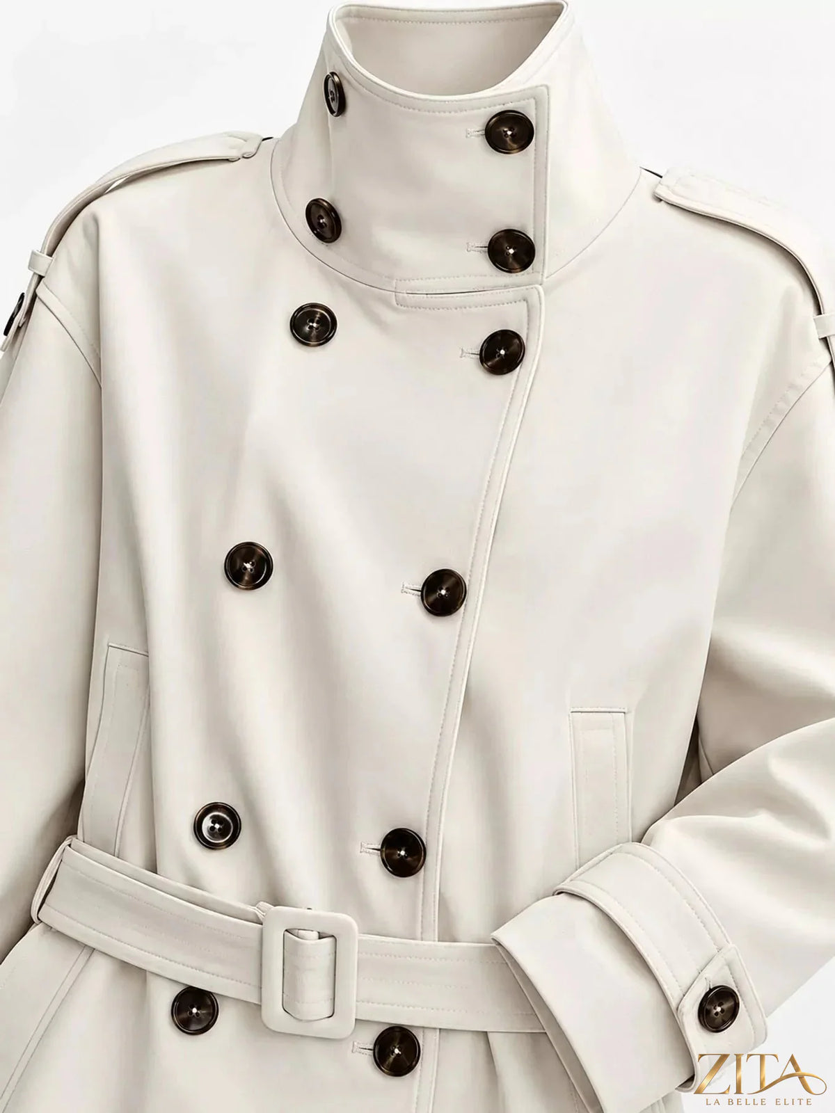 Zita La Belle Elite double-breasted turtleneck trench coat in beige, showing the front view with classic design and button details.