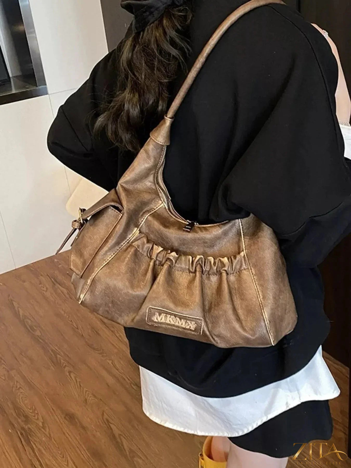 Vintage ruched Zita La Belle Elite hobo shoulder bag with soft leather exterior and spacious interior, stylish and versatile for daily use.