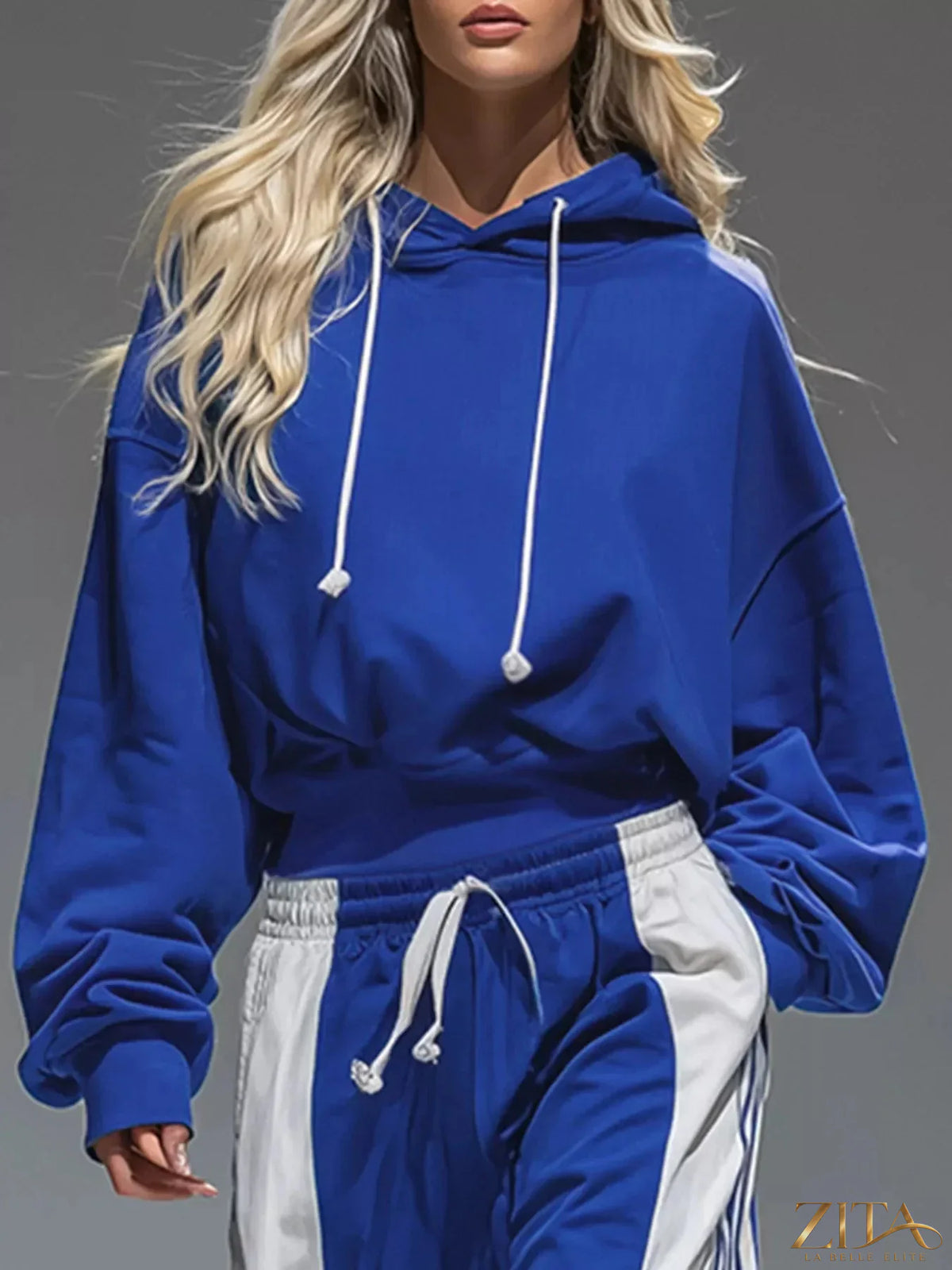 Zita La Belle Elite drawstring hoodie with color-block wide-leg pants set, casual loungewear in soft fabric with stylish design.