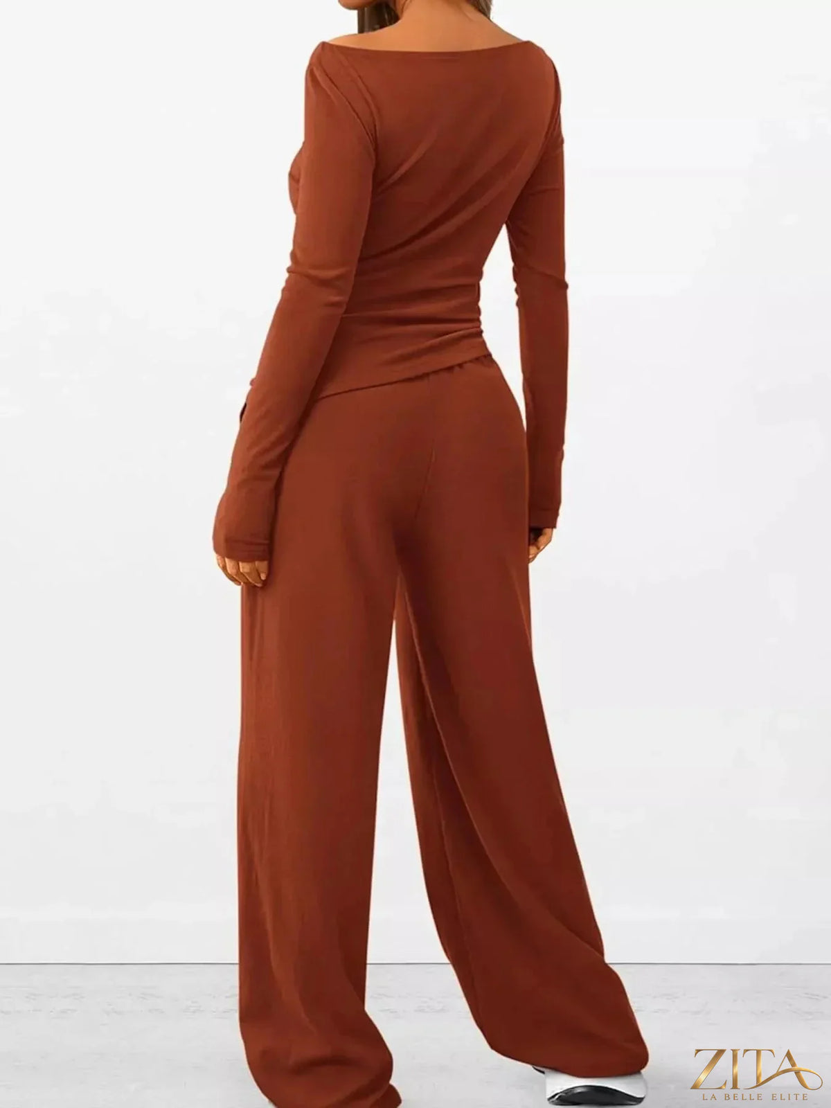 Zita La Belle Elite long sleeve top and wide leg pants set in soft fabric, shown in a stylish, coordinated outfit on a model.