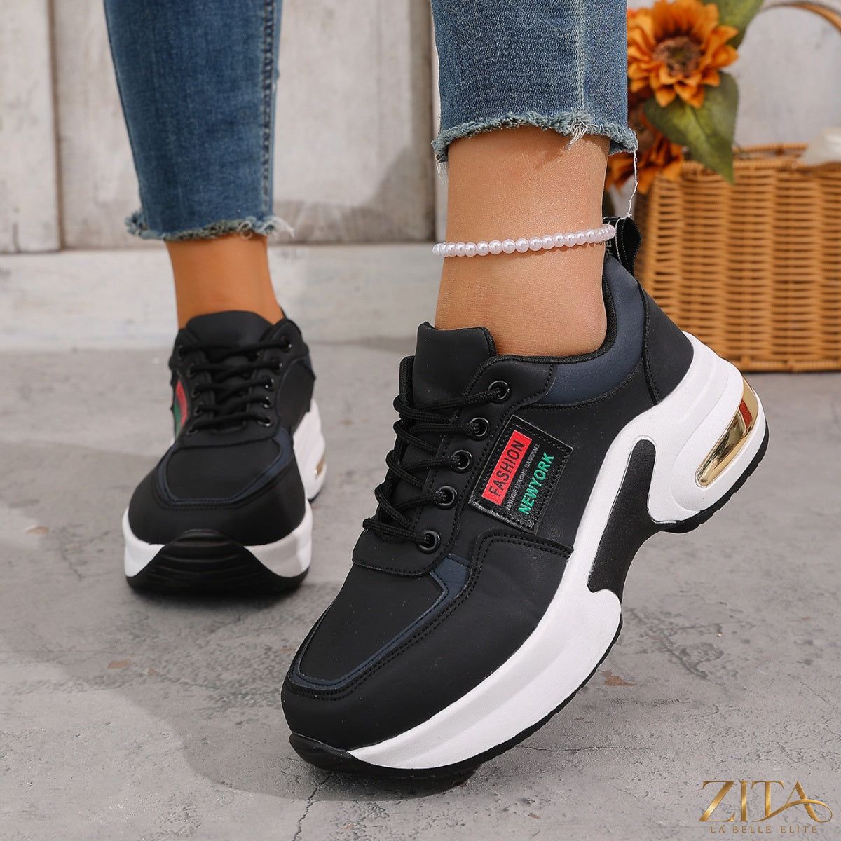 Zita La Belle Elite round toe lace-up sneakers with white soles, stylish and casual footwear for everyday wear