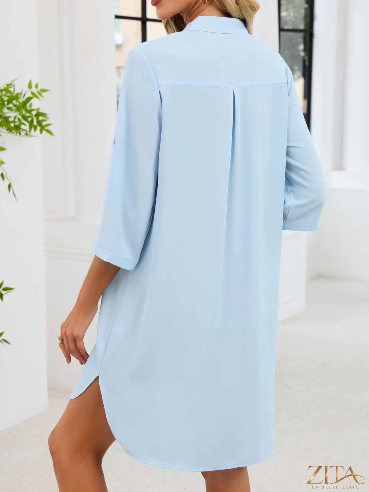 Zita La Belle Elite casual button-down shirt dress in lightweight fabric, featuring a collar, long sleeves, and a relaxed fit.