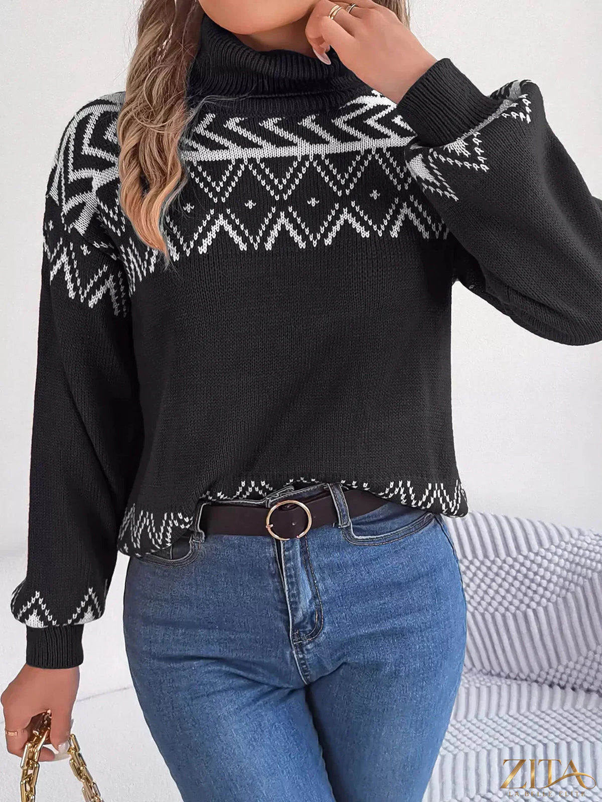 Zita La Belle Elite turtleneck dropped shoulder sweater in soft knit, featuring a relaxed fit and cozy design.