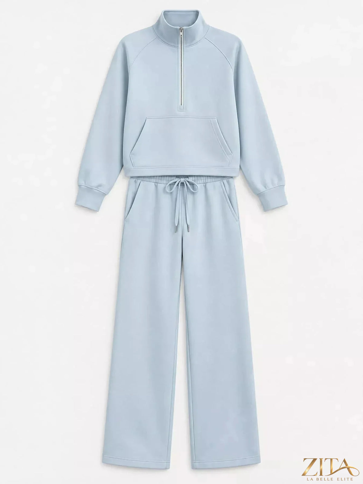 Zita La Belle Elite half-zip sweatshirt and wide-leg pants set, gray color, casual loungewear with comfortable fit and stylish design.