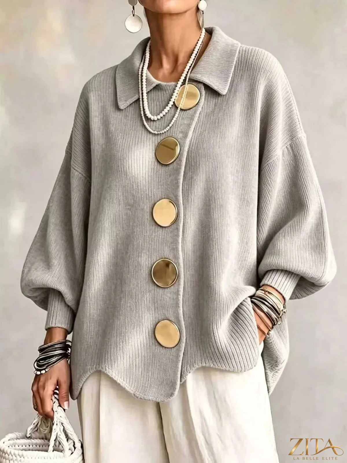 Plus size ribbed knit cardigan by Zita La Belle Elite with gold buttons, full length and cozy fit, in natural beige tone.