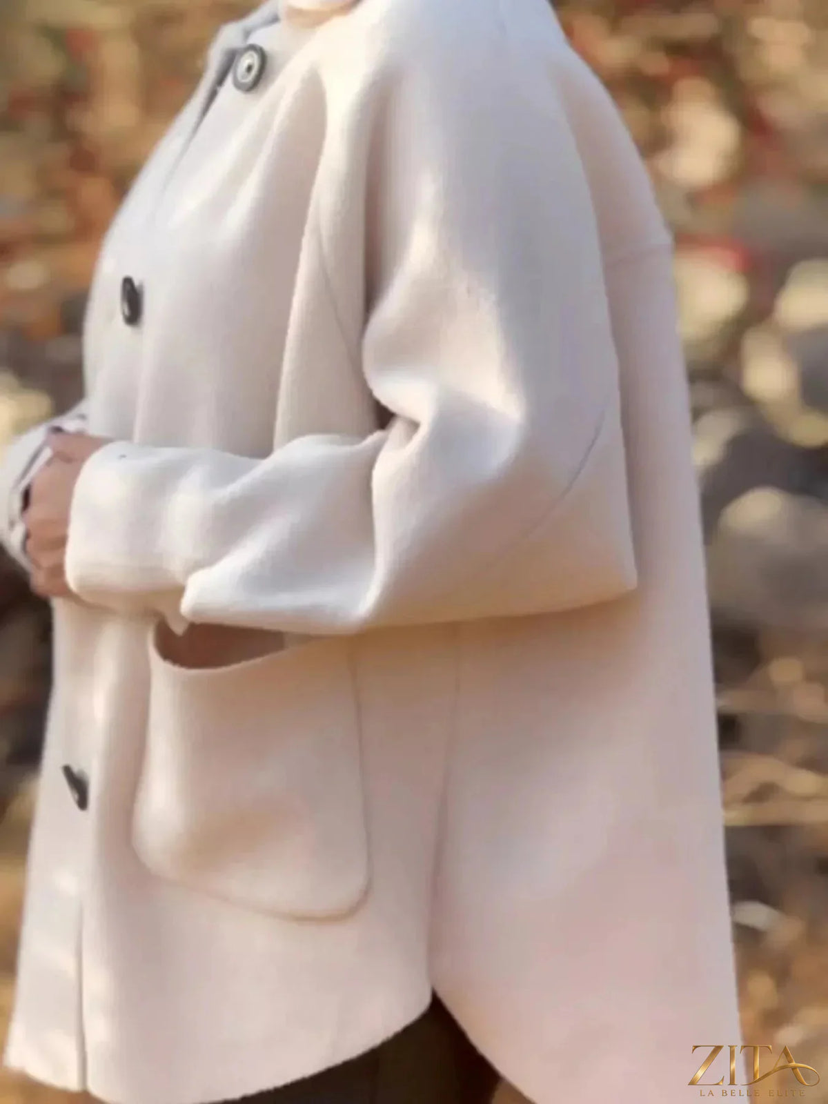 Plus size Zita La Belle Elite raglan sleeve coat with full front buttons, showcasing a stylish and cozy outerwear design.
