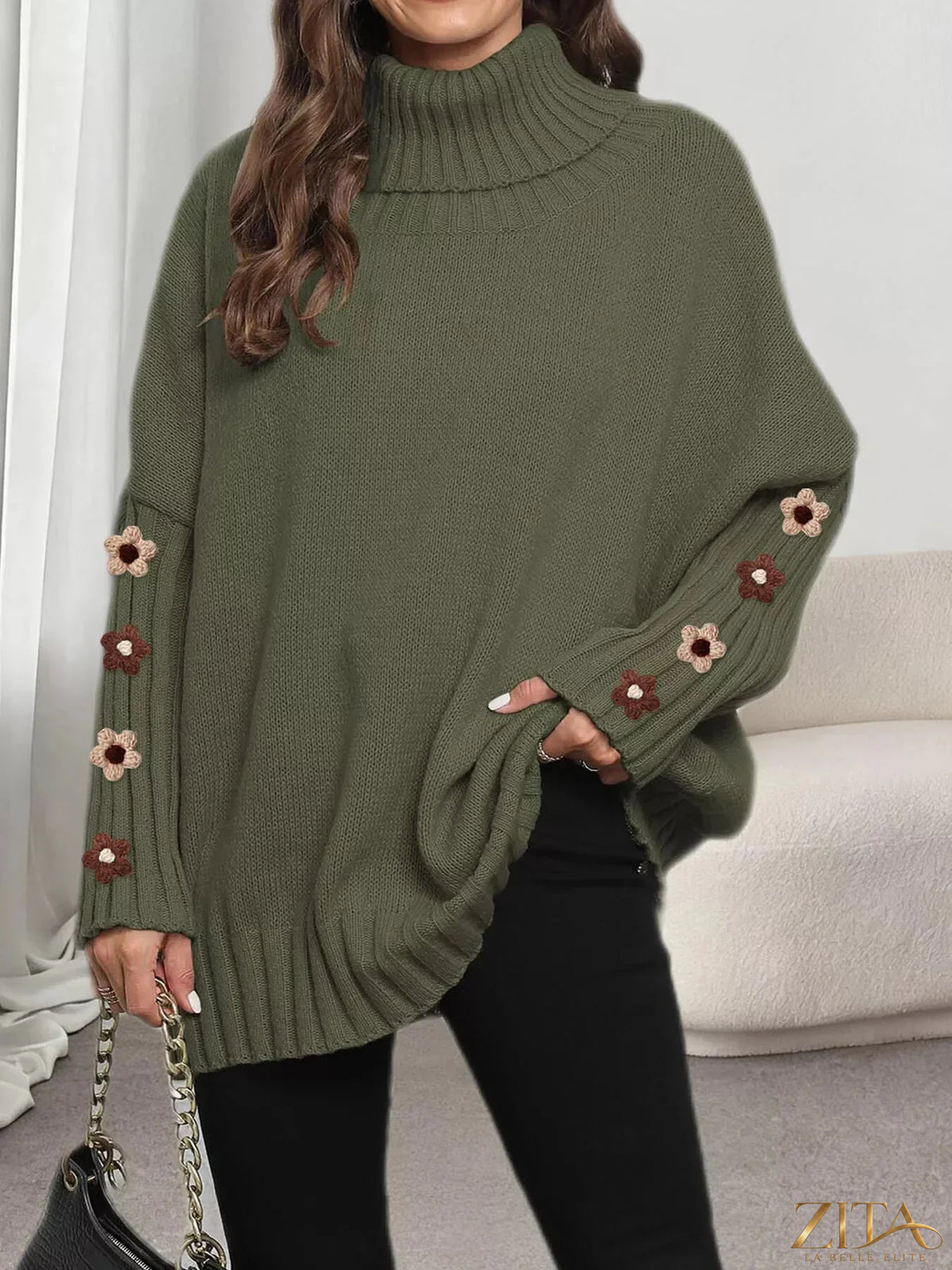Zita La Belle Elite oversized turtleneck sweater with floral applique sleeves, cozy knit in neutral tones, stylish and comfortable.
