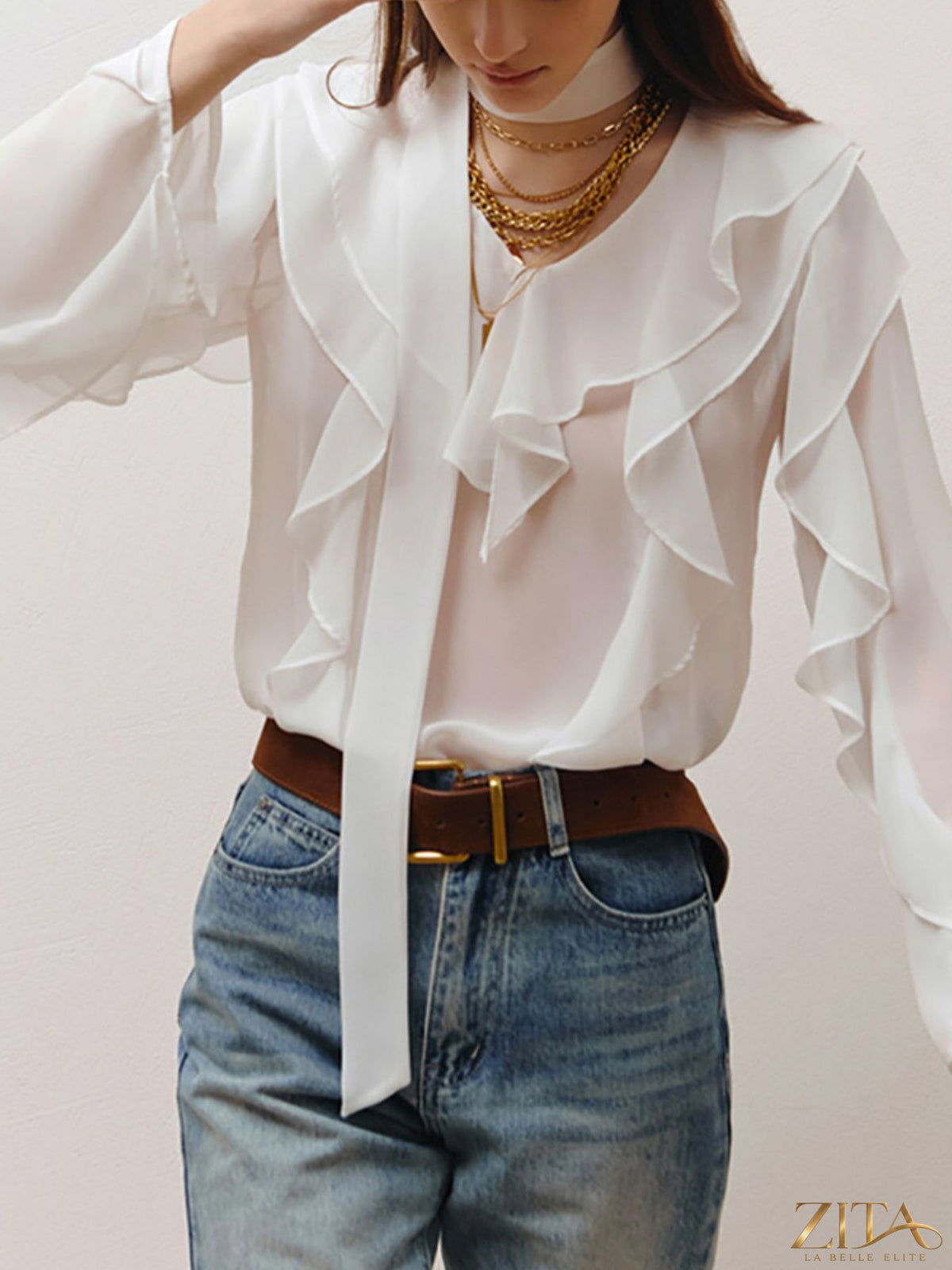Zita La Belle Elite ruffle trim chiffon blouse featuring delicate ruffles and lightweight fabric in a stylish, feminine design.
