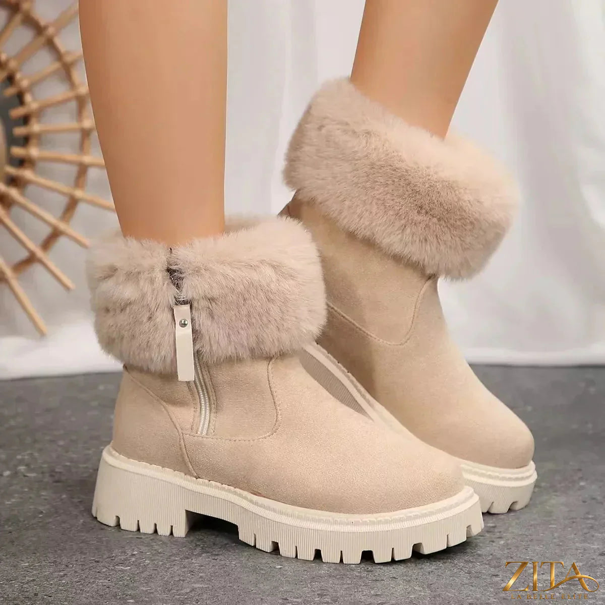 Zita La Belle Elite faux fur-lined side-zip chunky platform ankle boots in black with rugged sole and stylish design.