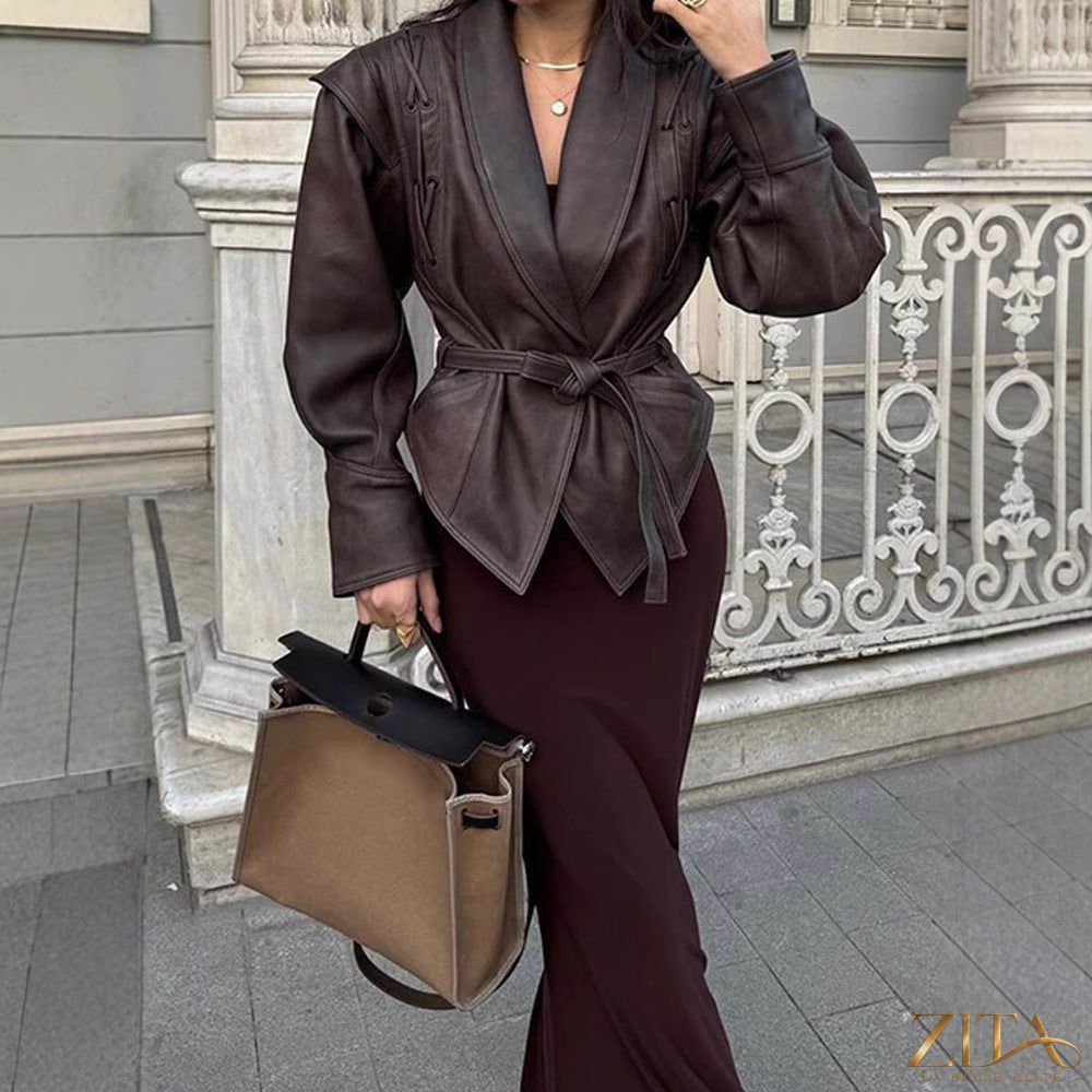 Zita La Belle Elite PU leather strap-up short jacket with V-neck, long sleeves, perfect for streetwear fashion.