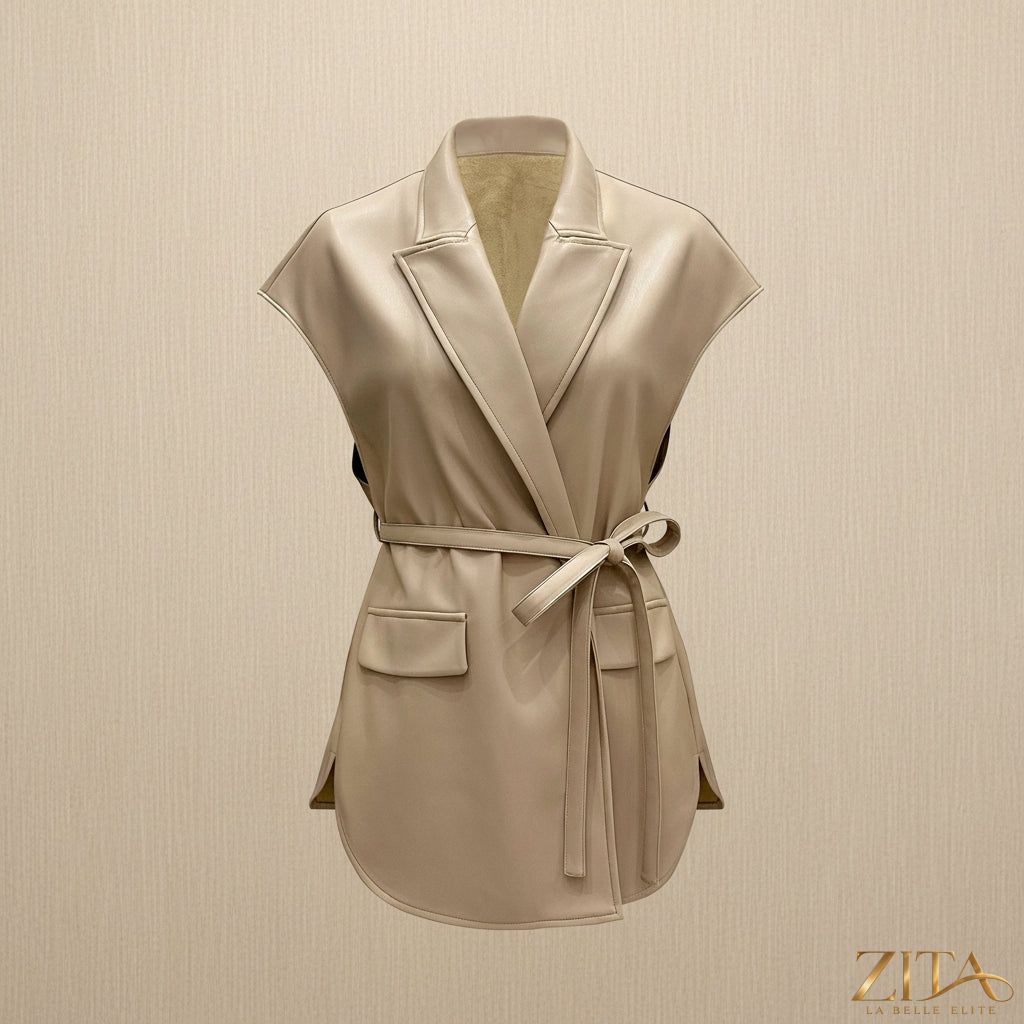 Zita La Belle Elite sleeveless faux leather vest jacket with tie waist, stylish outerwear for a modern fashion look.