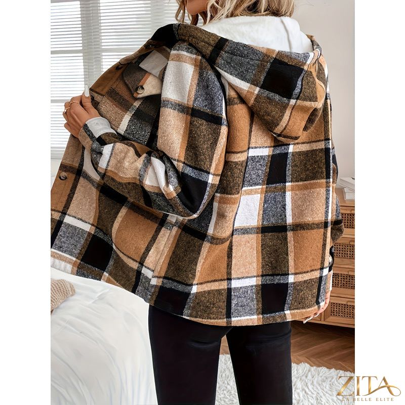 Women's plaid fleece-lined hooded jacket by Zita La Belle Elite, showing the cozy, stylish plaid fleece interior and hood detail.
