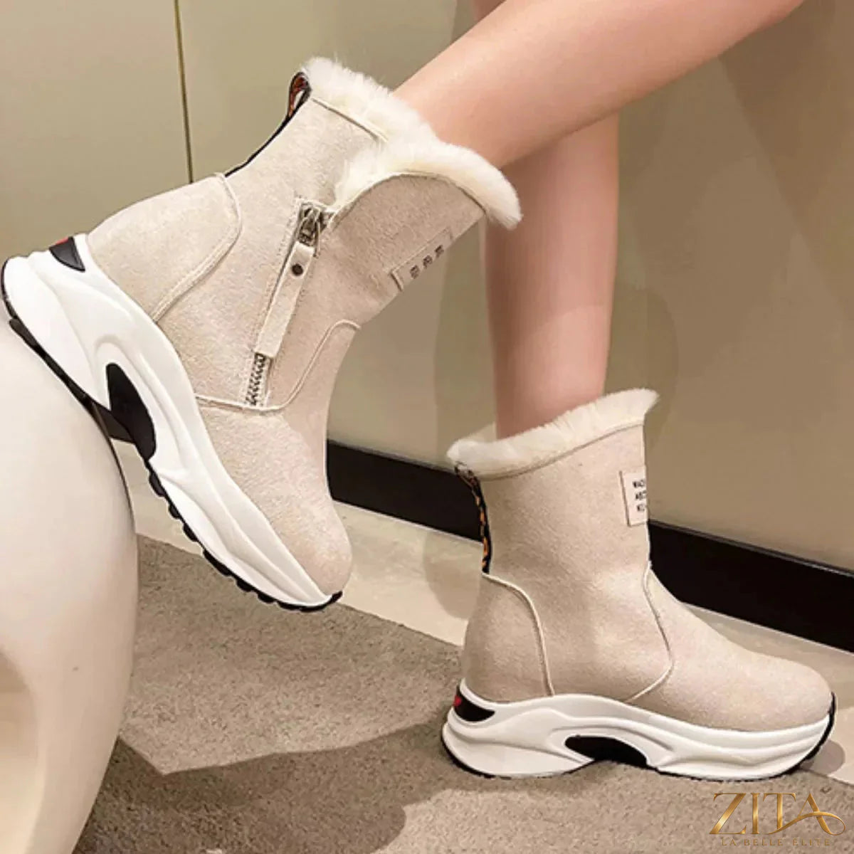 Zita La Belle Elite side zipper platform boots with chunky heel and black leather finish, stylish and trendy footwear.