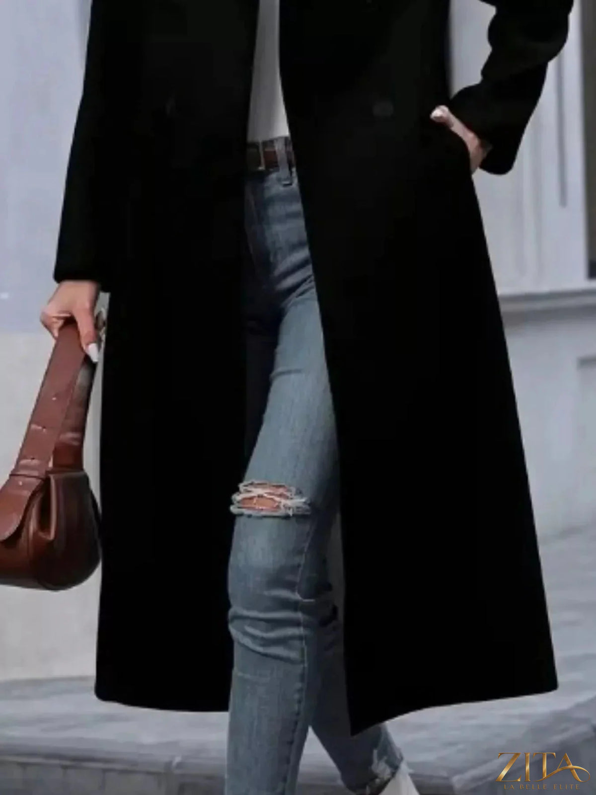 Zita La Belle Elite double-breasted longline overcoat with wide lapels and button details, stylish wool outerwear for women.