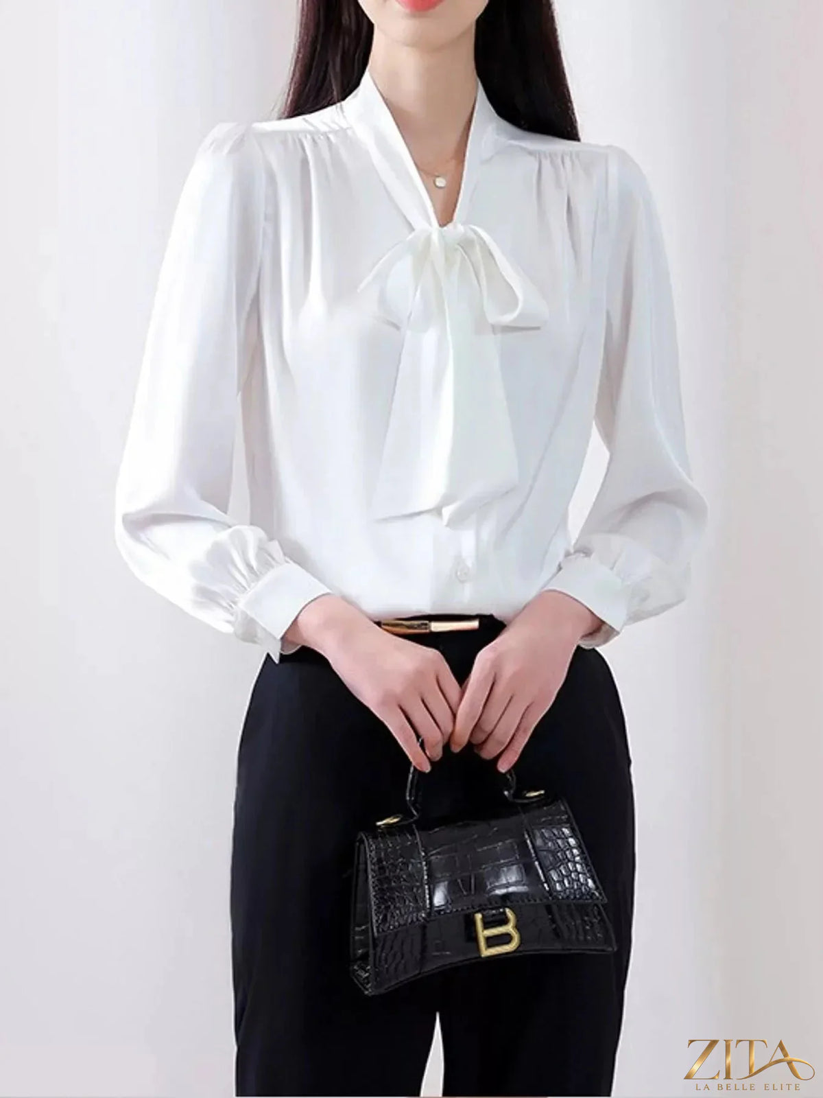 Plus size Zita La Belle Elite tie-front long sleeve shirt with full size fit, featuring a stylish front tie and classic long sleeves.