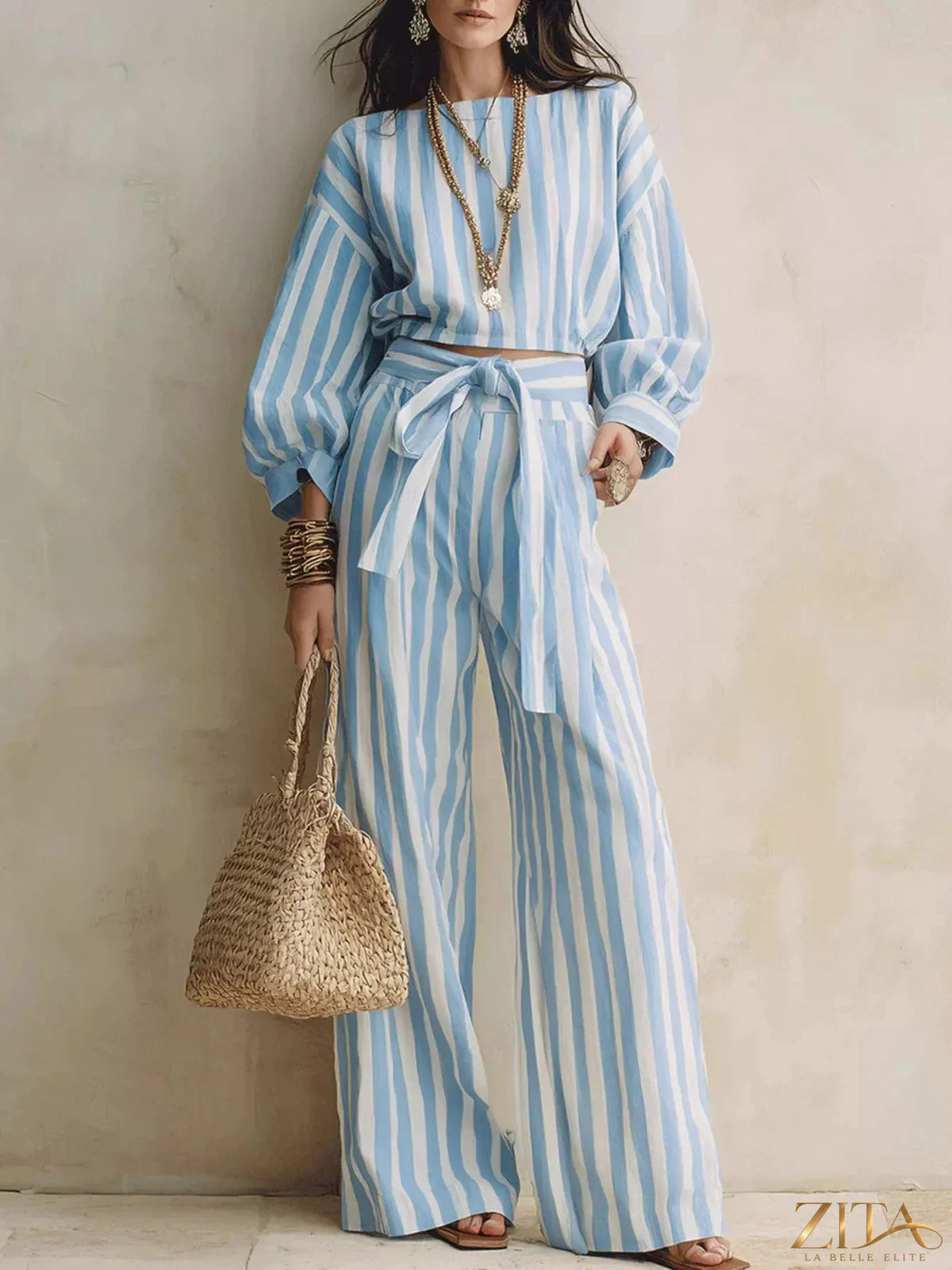 Zita La Belle Elite striped long sleeve top and matching pants two-piece set, stylish and comfortable for casual wear.