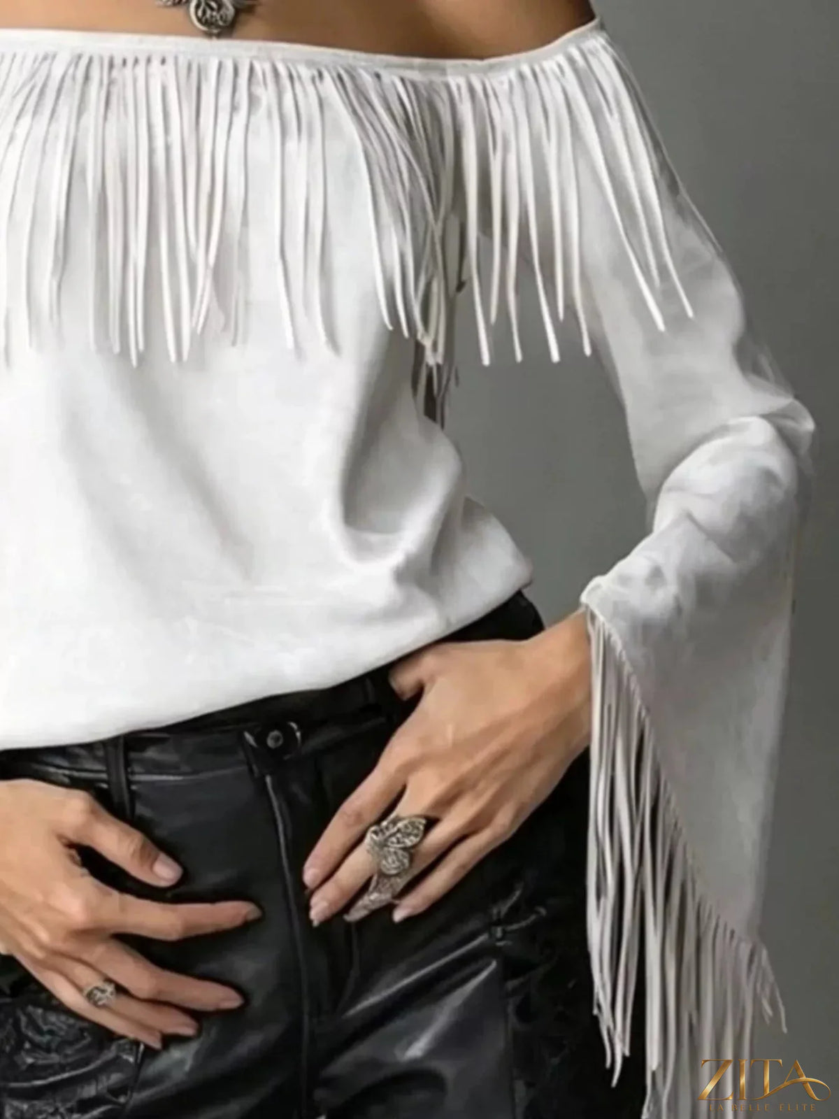 Zita La Belle Elite boho chic off-shoulder suede top with fringed details, stylish and perfect for casual bohemian outfits.