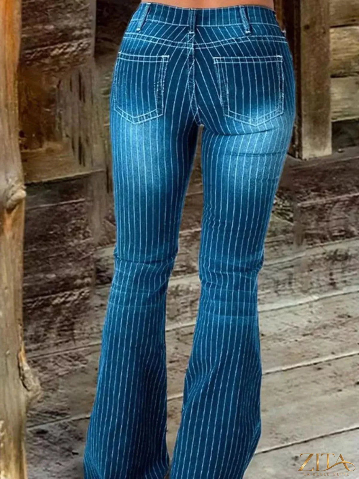 Zita La Belle Elite striped button fly flare jeans with high waist and bold vertical stripes on denim fabric.
