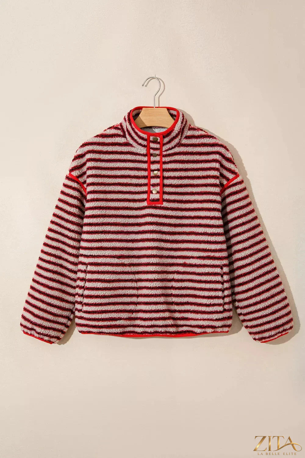 Zita La Belle Elite striped fuzzy colorblock sweatshirt with button placket, featuring cozy knit fabric and bold stripe pattern.