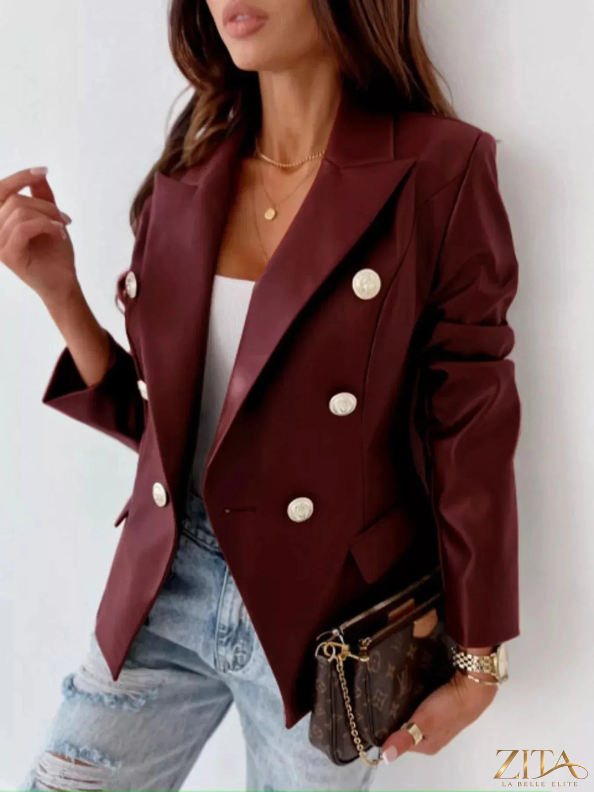 Zita La Belle Elite leather blazer with lapel collar, tailored fit, and stylish design, featuring smooth black leather and classic silhouette.