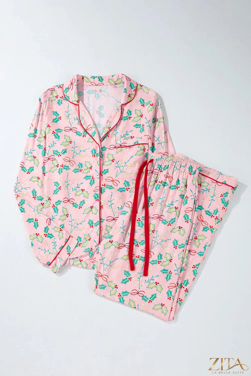 Zita La Belle Elite printed collared neck long sleeve top and matching pants lounge set, stylish and comfortable sleepwear.