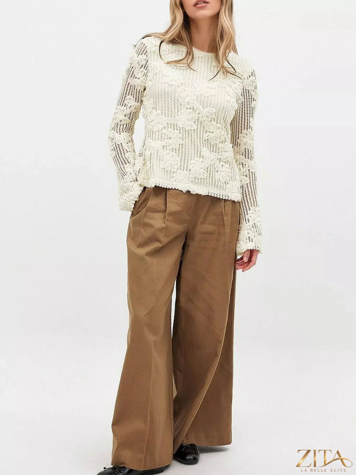Zita La Belle Elite openwork tied back long sleeve blouse with intricate pattern and stylish design, ideal for elegant casual wear.