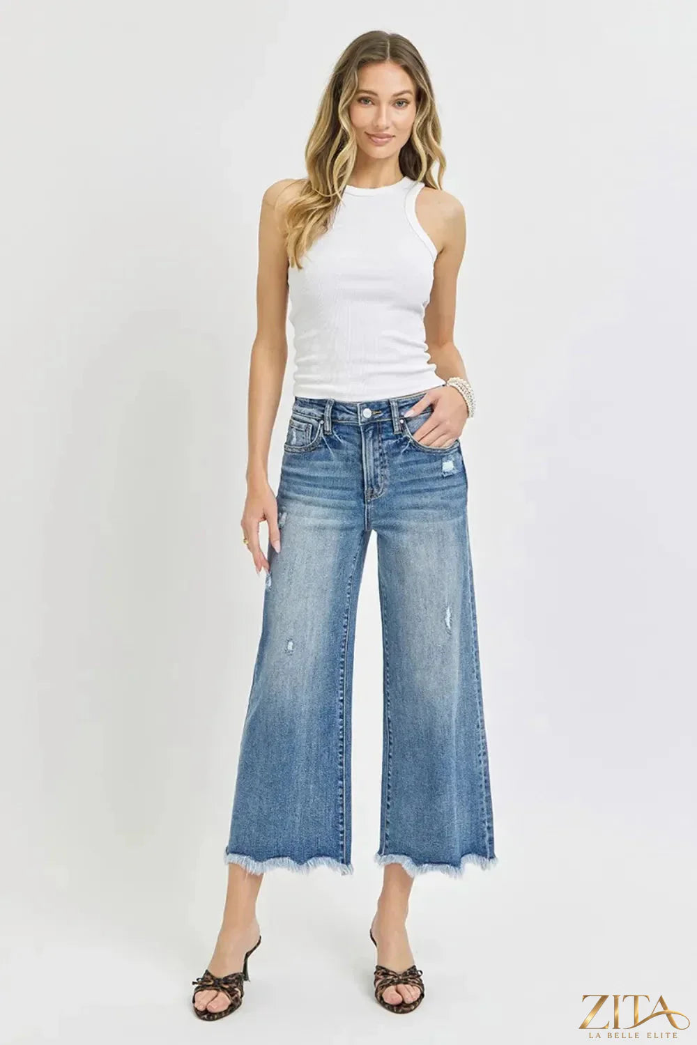Zita La Belle Elite Risen high rise cropped flare jeans showing fitted waist, cropped length, and flared leg design.