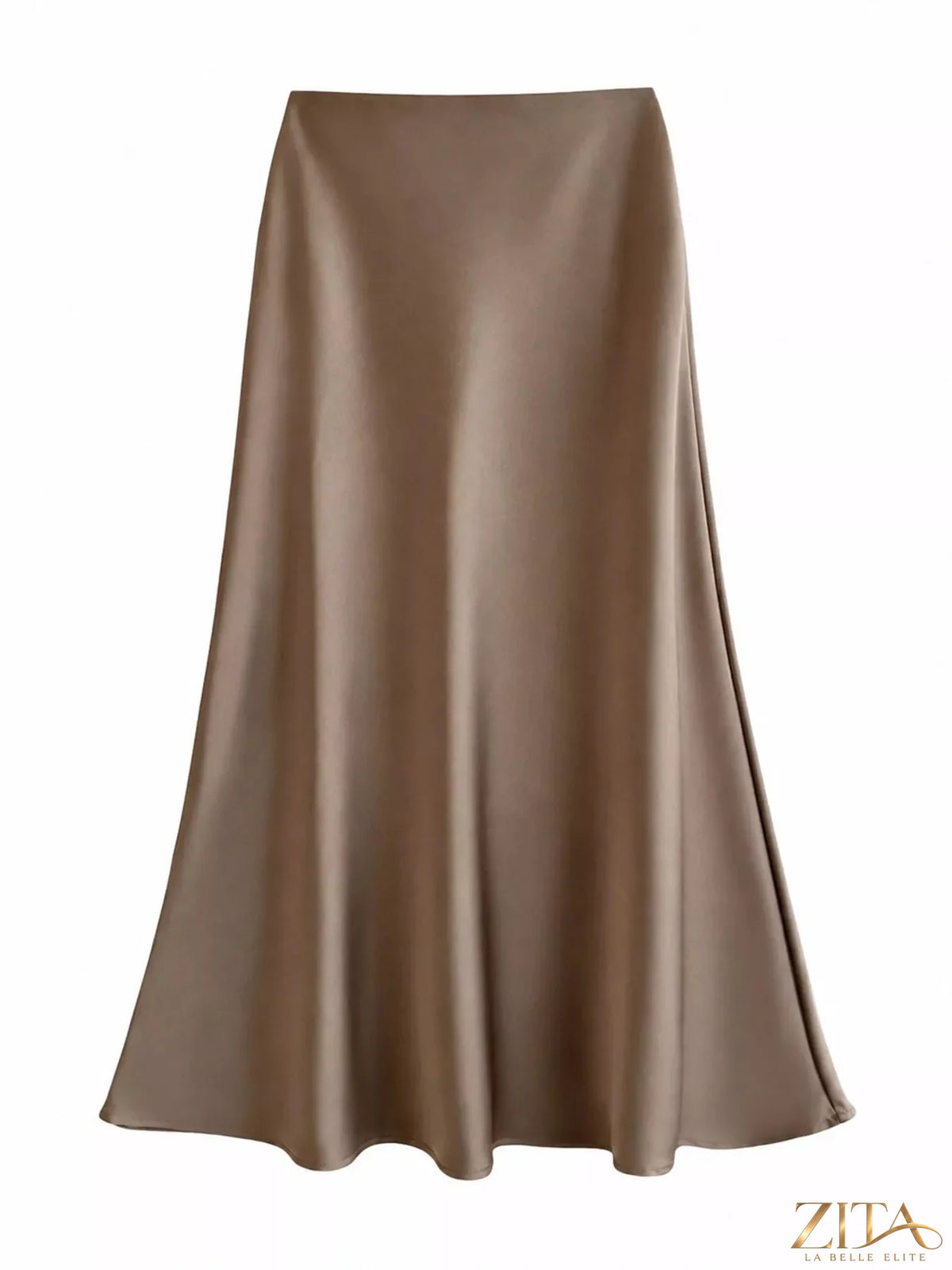 Plus size high-waisted satin midi skirt by Trendsi, showcasing smooth fabric and elegant fit in a full-length view.