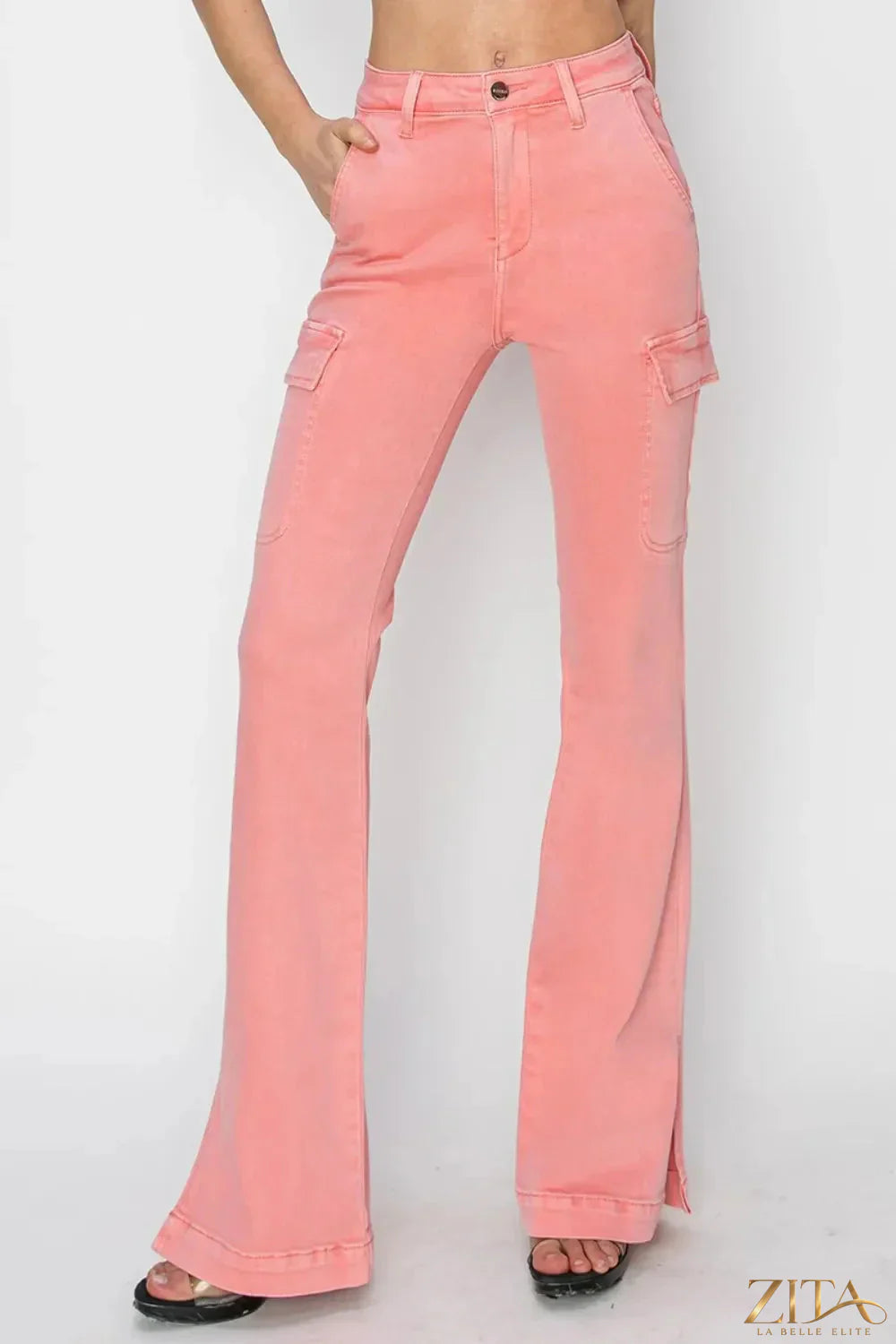 Zita La Belle Elite RISEN full-size high-rise cargo bootcut jeans with side slits, denim fabric, and classic five-pocket design.